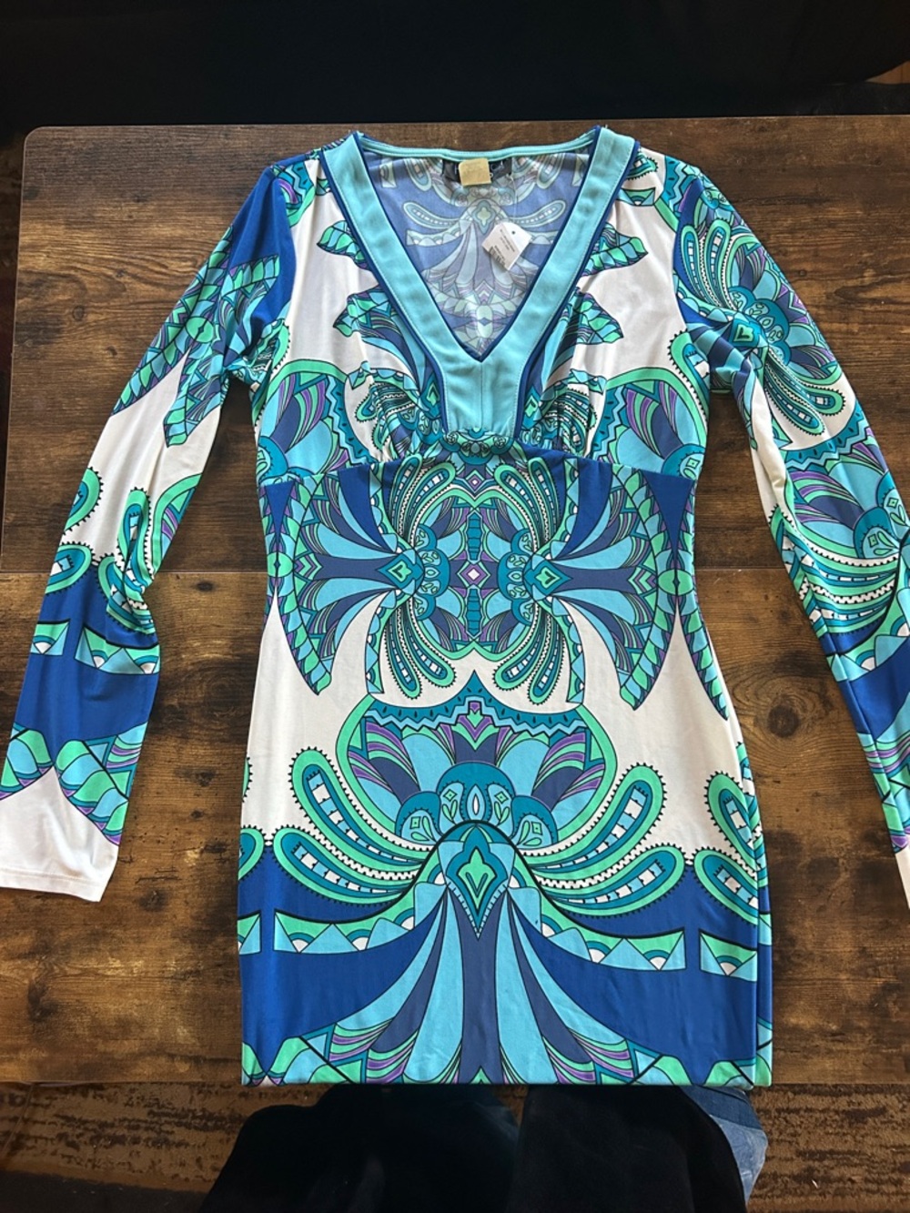 Milano Blue & Teal Printed V-Neck Long Sleeve Dress